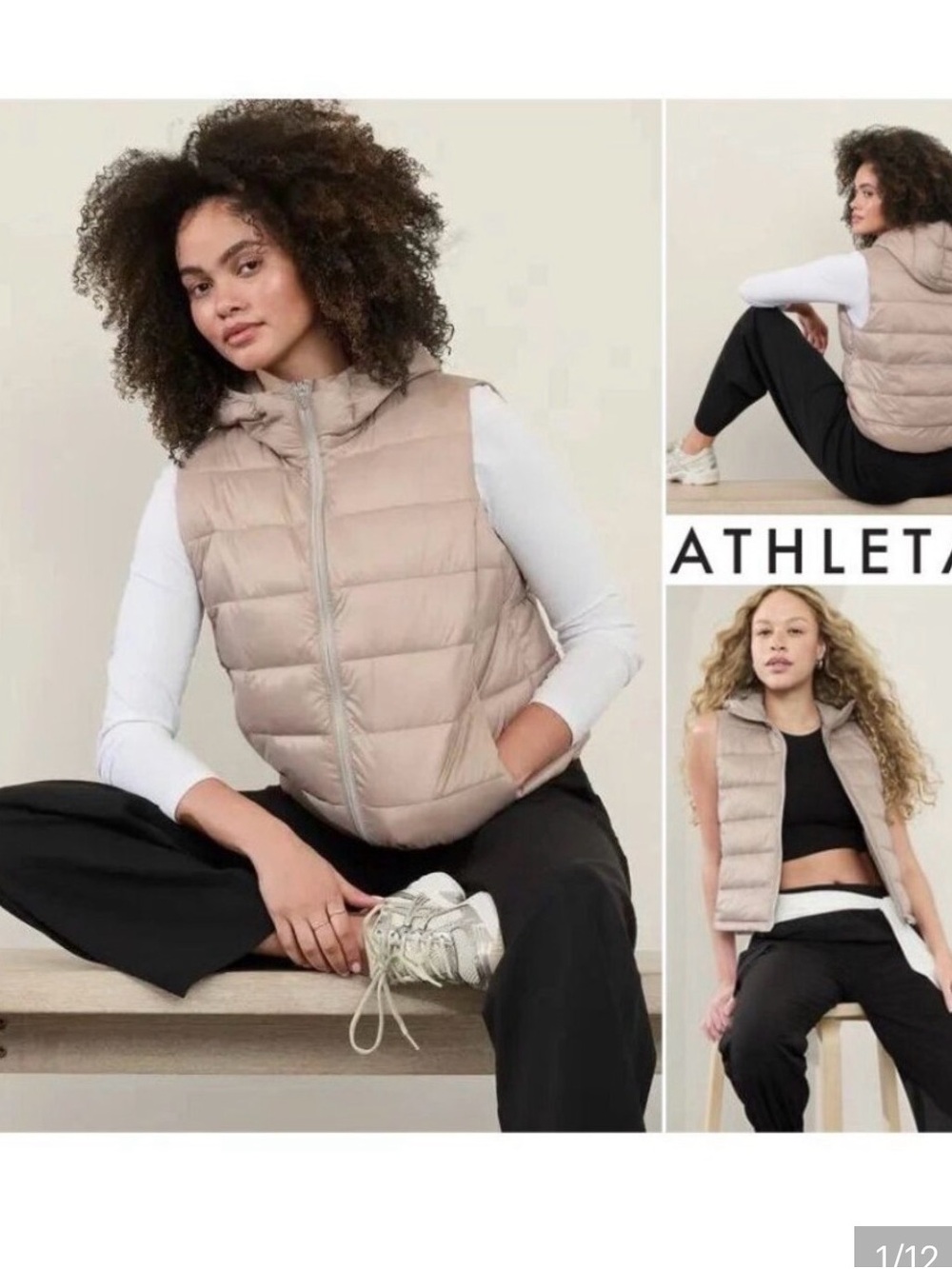 Athleta Aire Puffer Vest in feather Beige - Sleeveless Hooded Quilted Vest large
